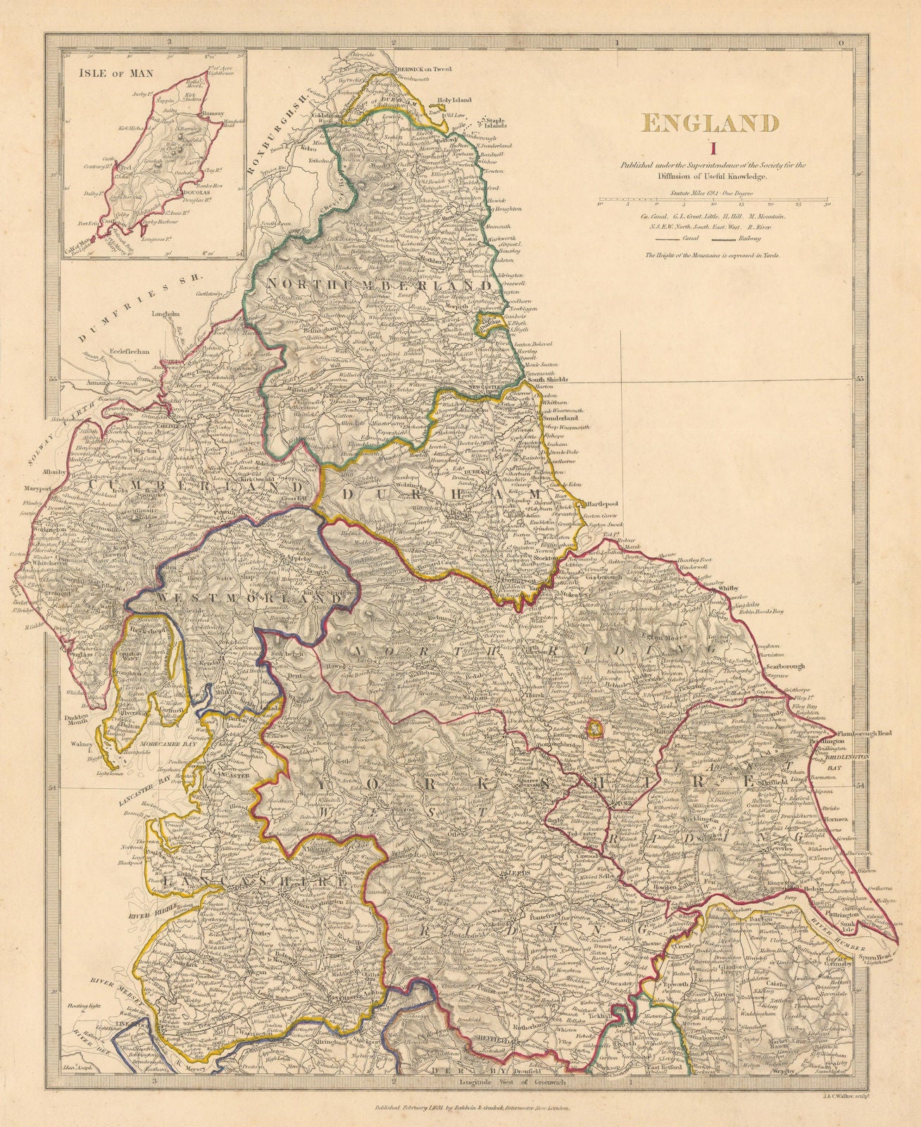 ENGLAND NORTH.Yorkshire Cumbs Lancs Durham Northumbs;Isle of Man.SDUK 1844 map